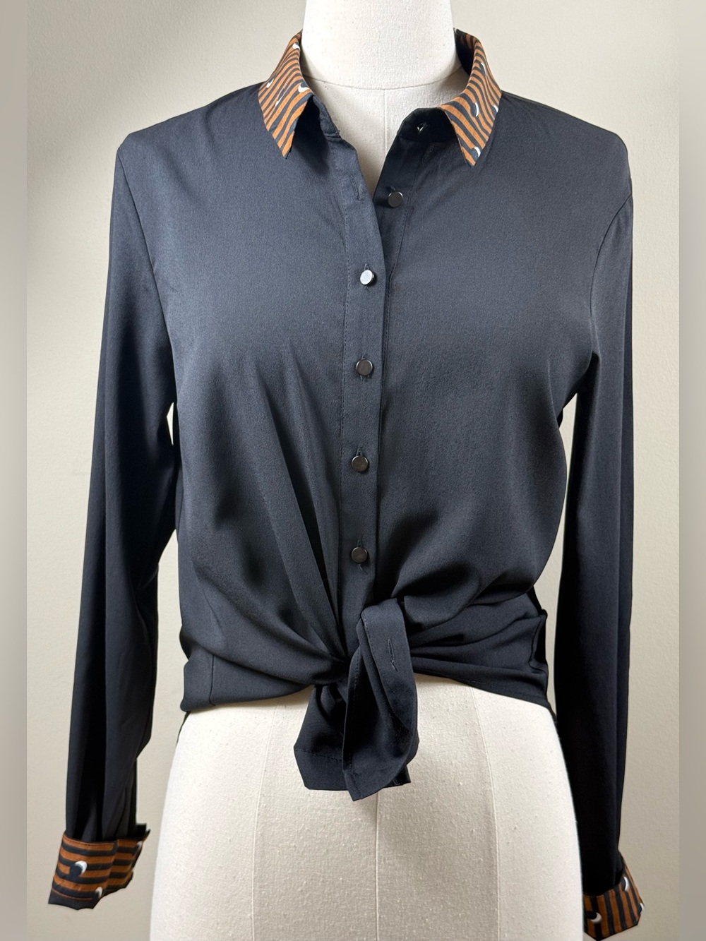 Fabrika Black Button Down Blouse Striped Collar S